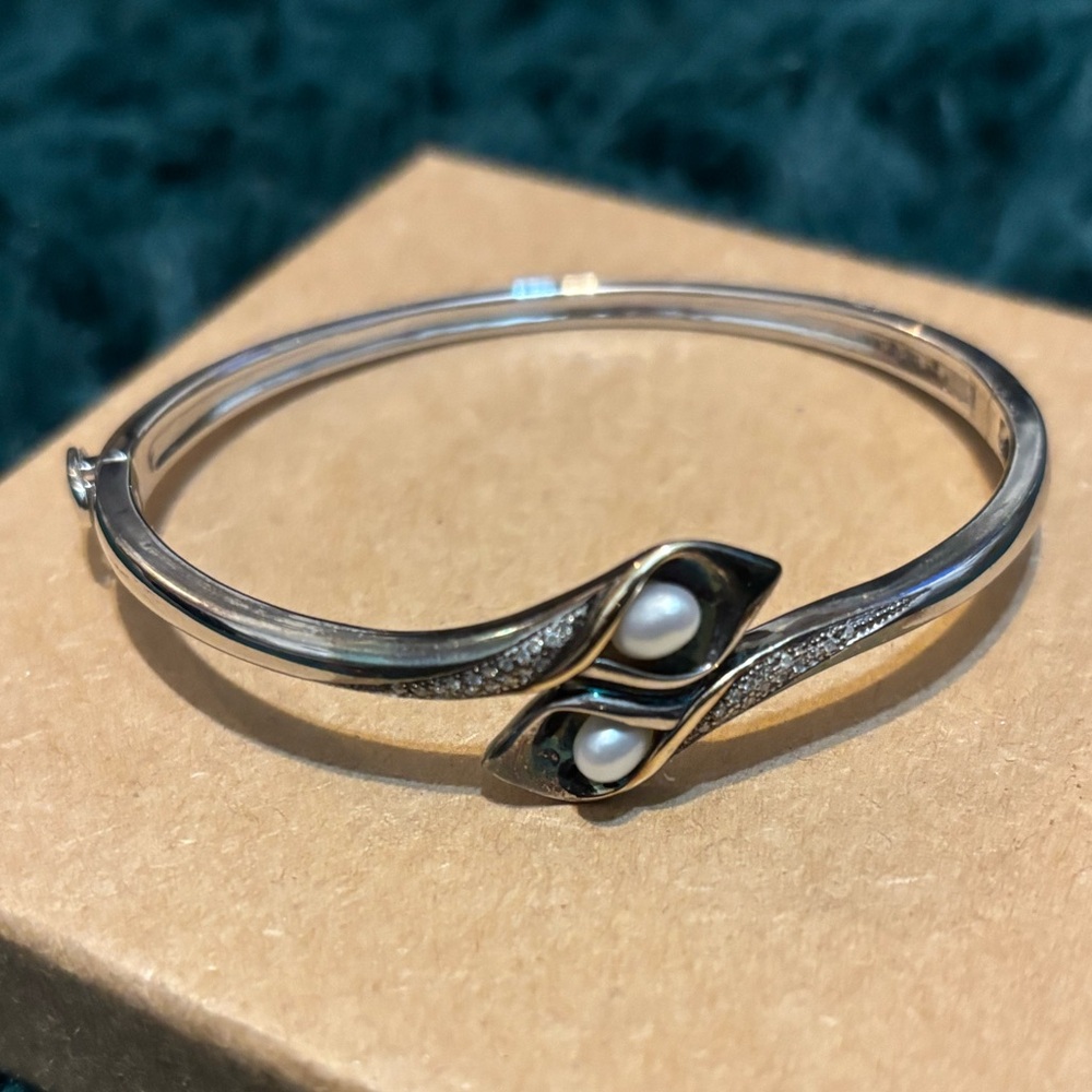 Ralph Lauren Hinged Calla Lily Bracelet Bangle Sterling 14K Gold Pearl Diamond